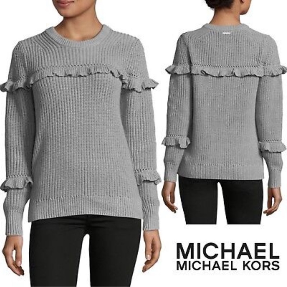 MICHAEL Kors Ruffle Knit Sweater Gray Womens Medium